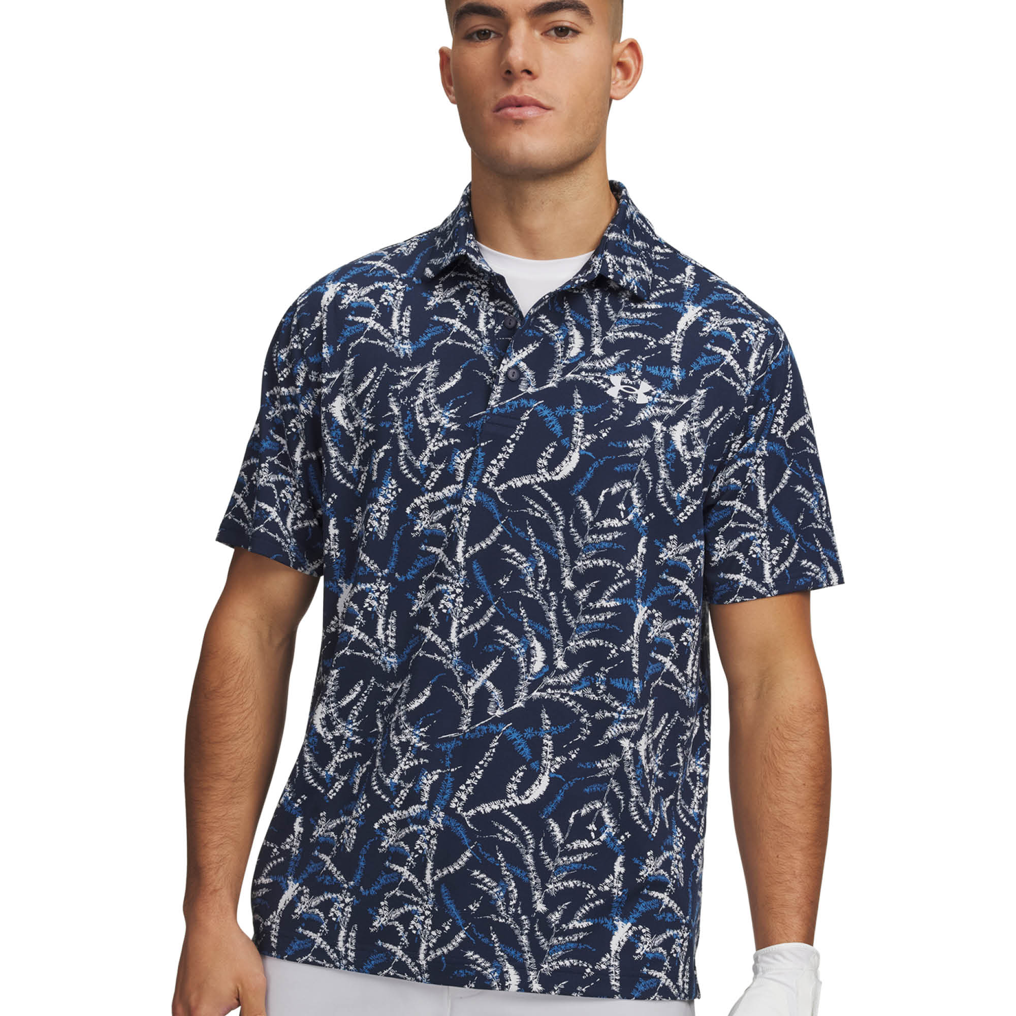 Under Armour Playoff 3.0 Printed Golf Polo Shirt - Midnight Navy, Aegean Blue & Halo Grey