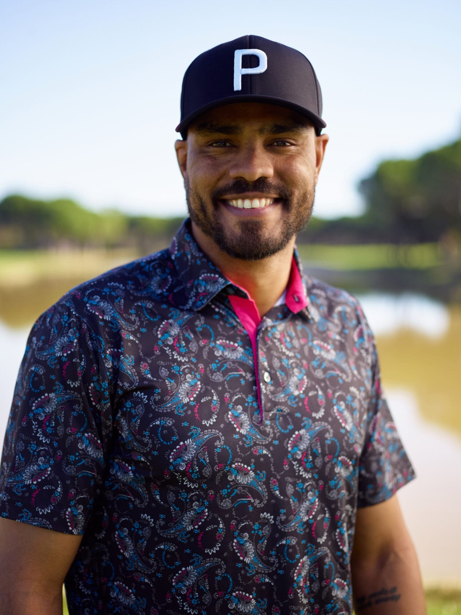 Puma Men's Cloudspun Paisley Polo (Puma Black & Aqua Blue)