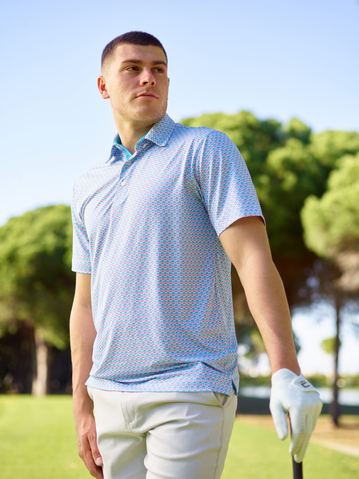 Puma Men's MATTR Palm Deco Polo (Aqua Blue & Garnet Rose)