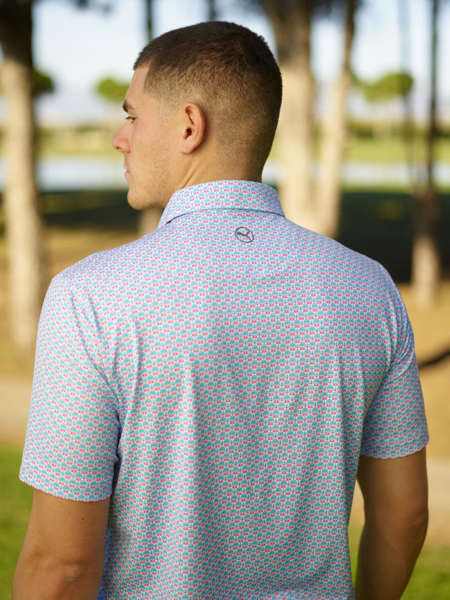 Puma Men's MATTR Palm Deco Polo (Aqua Blue & Garnet Rose)