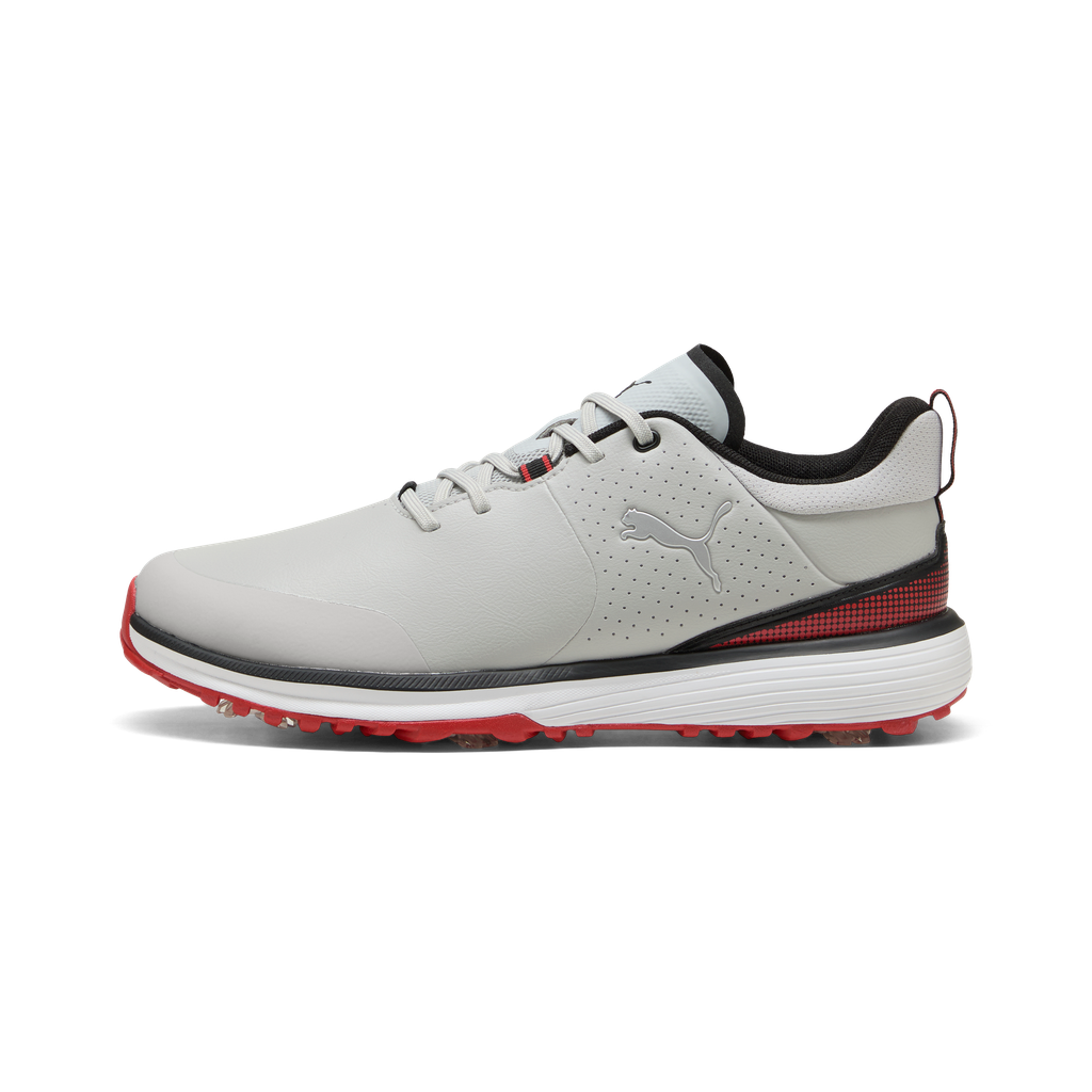 Puma Fusion Grip ST Spiked Golf Shoes - Ash Gray, Black & Candy Apple