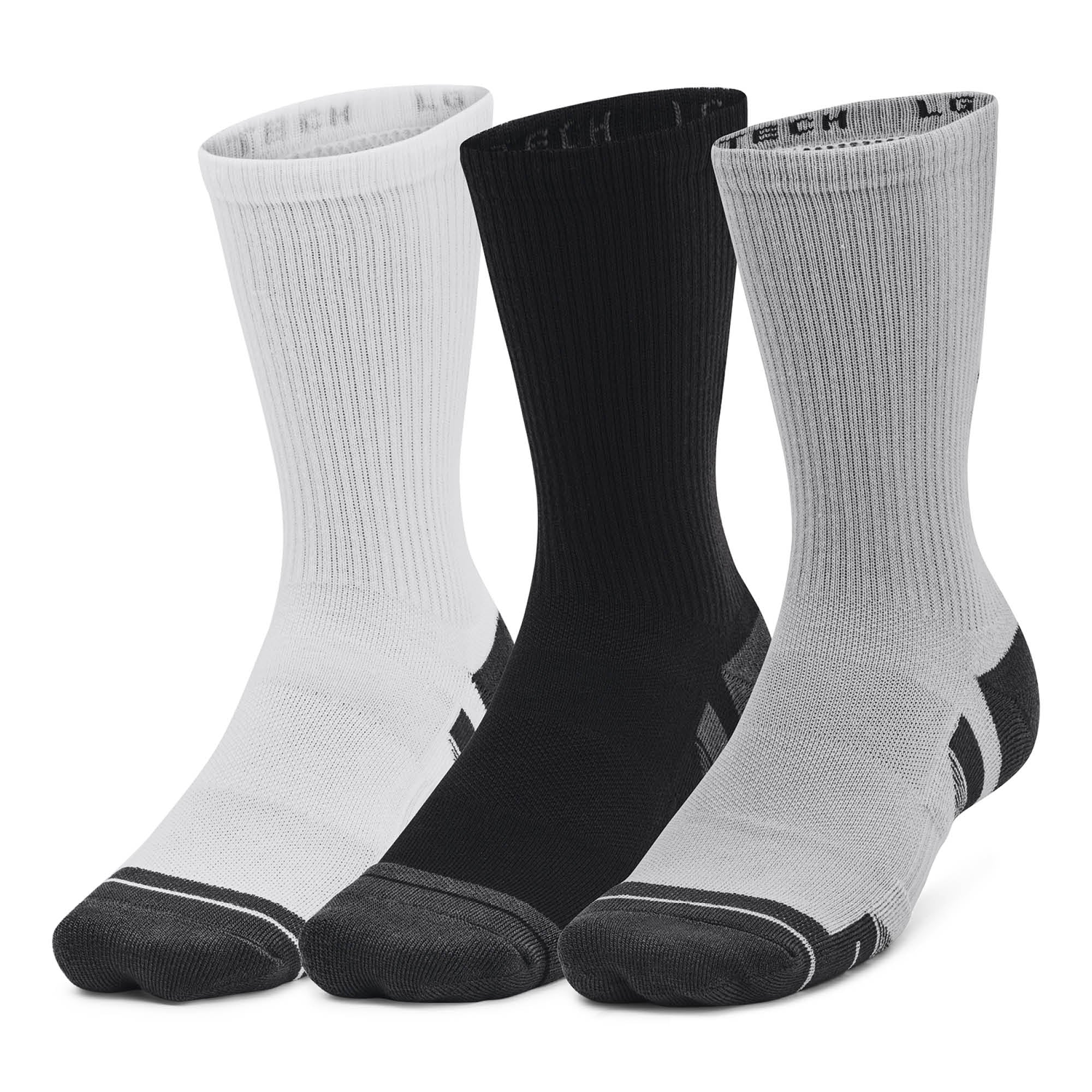 Under Armour Performance Tech Crew Socks 3-Pack - Grey, Black & White - Size 7.5-12