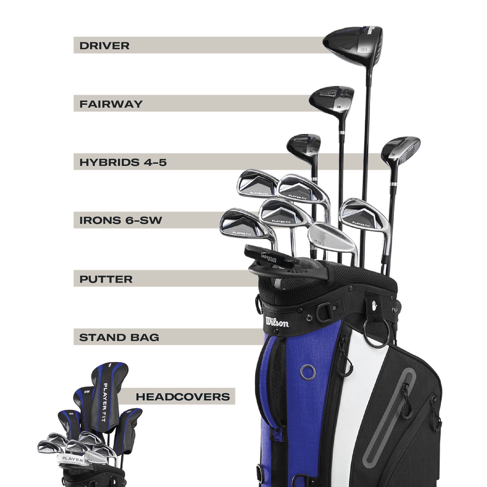 Wilson Player Fit Men's 12-Piece Stand Bag Package Set - Steel Stiff Shafts - 1 Inch Longer - Right Handed