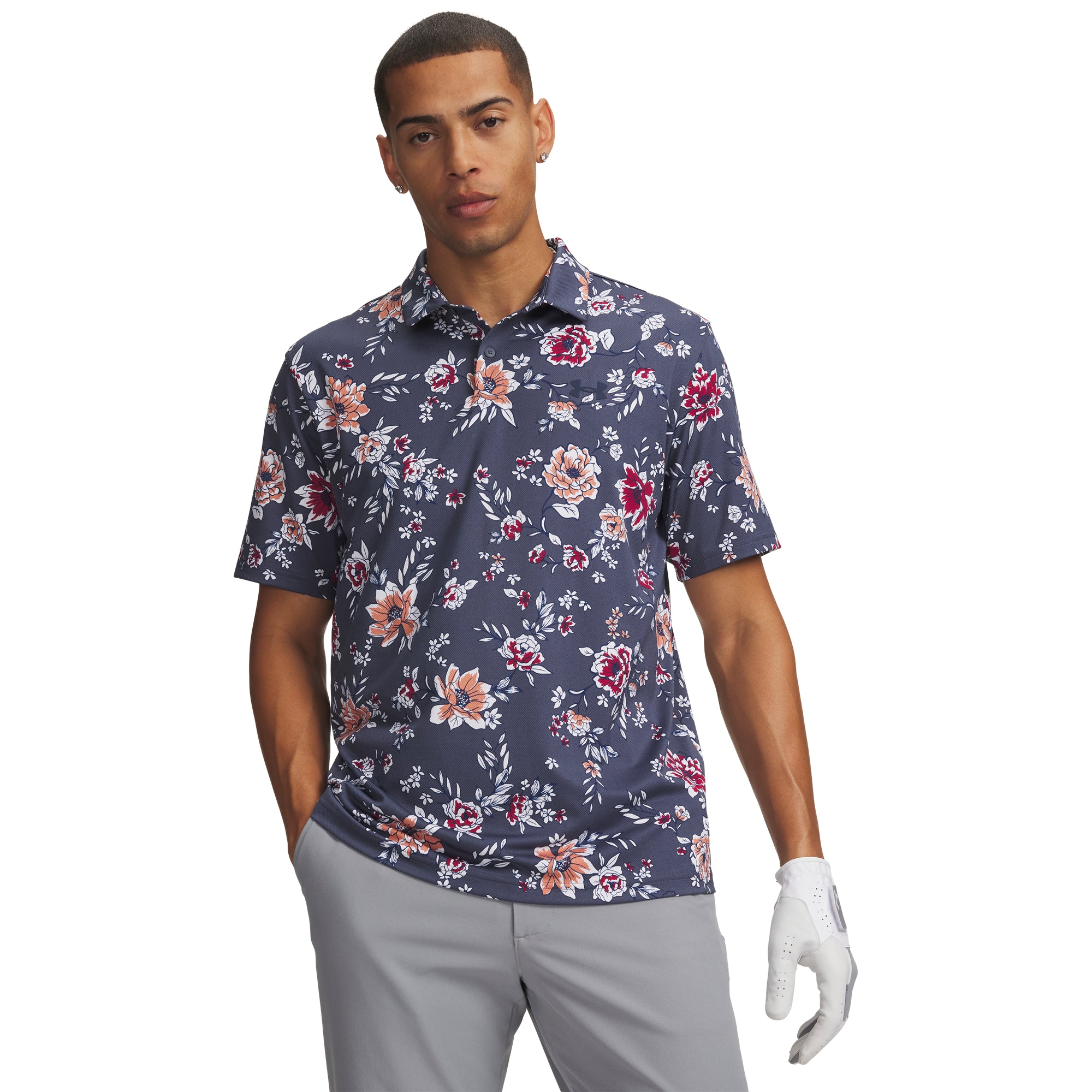 Under Armour Matchplay Printed Golf Polo Shirt - Downpour Grey & Navy Academy