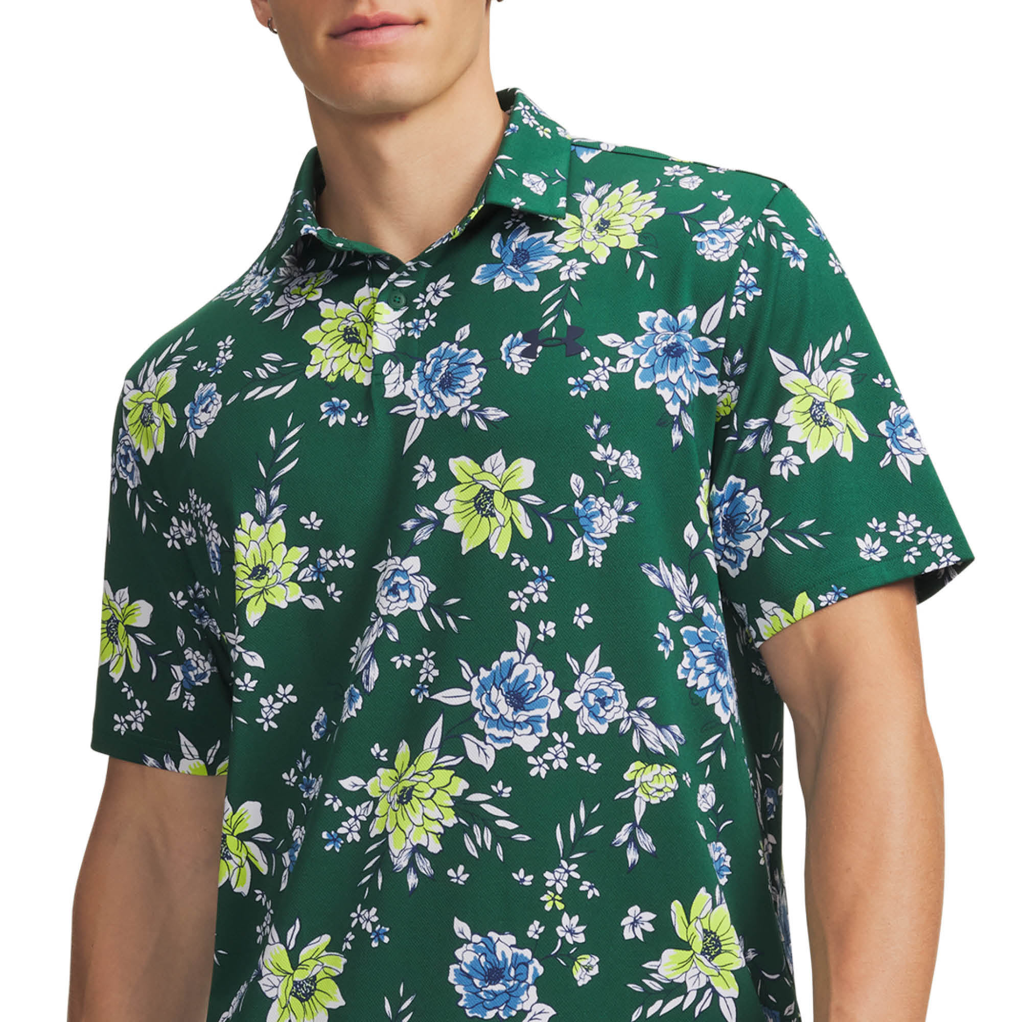 Under Armour Matchplay Printed Golf Polo Shirt - Campus Ivy, Blue Fog & Navy Academy