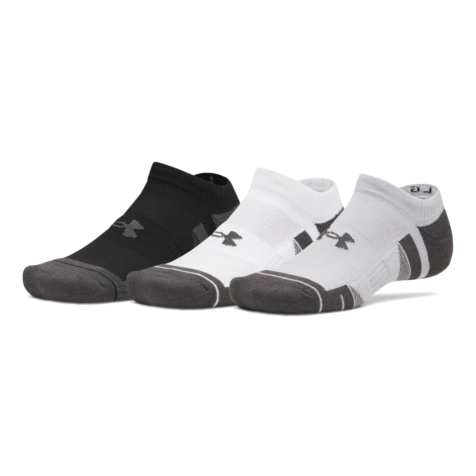Under Armour Performance Tech No Show Golf Socks 3-Pack AW26 - Black, White & Jet Grey - Size 7.5-12