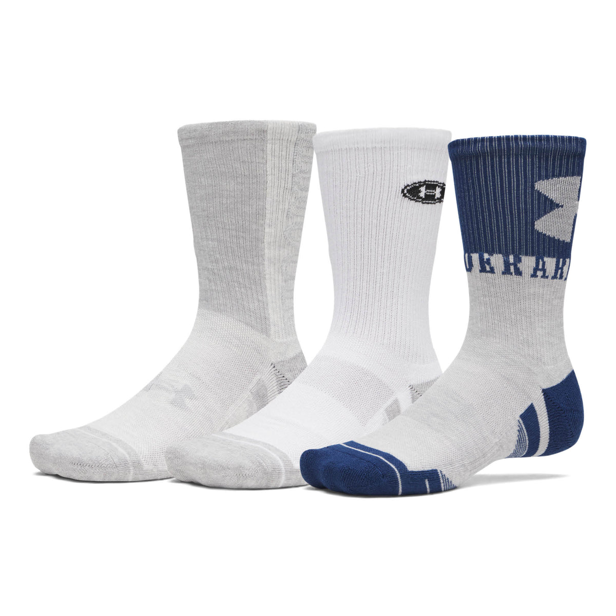Under Armour Performance Tech Crew Golf Socks 3-Pack AW26 - Blackout Navy, White & Halo Grey - Size 7.5-12