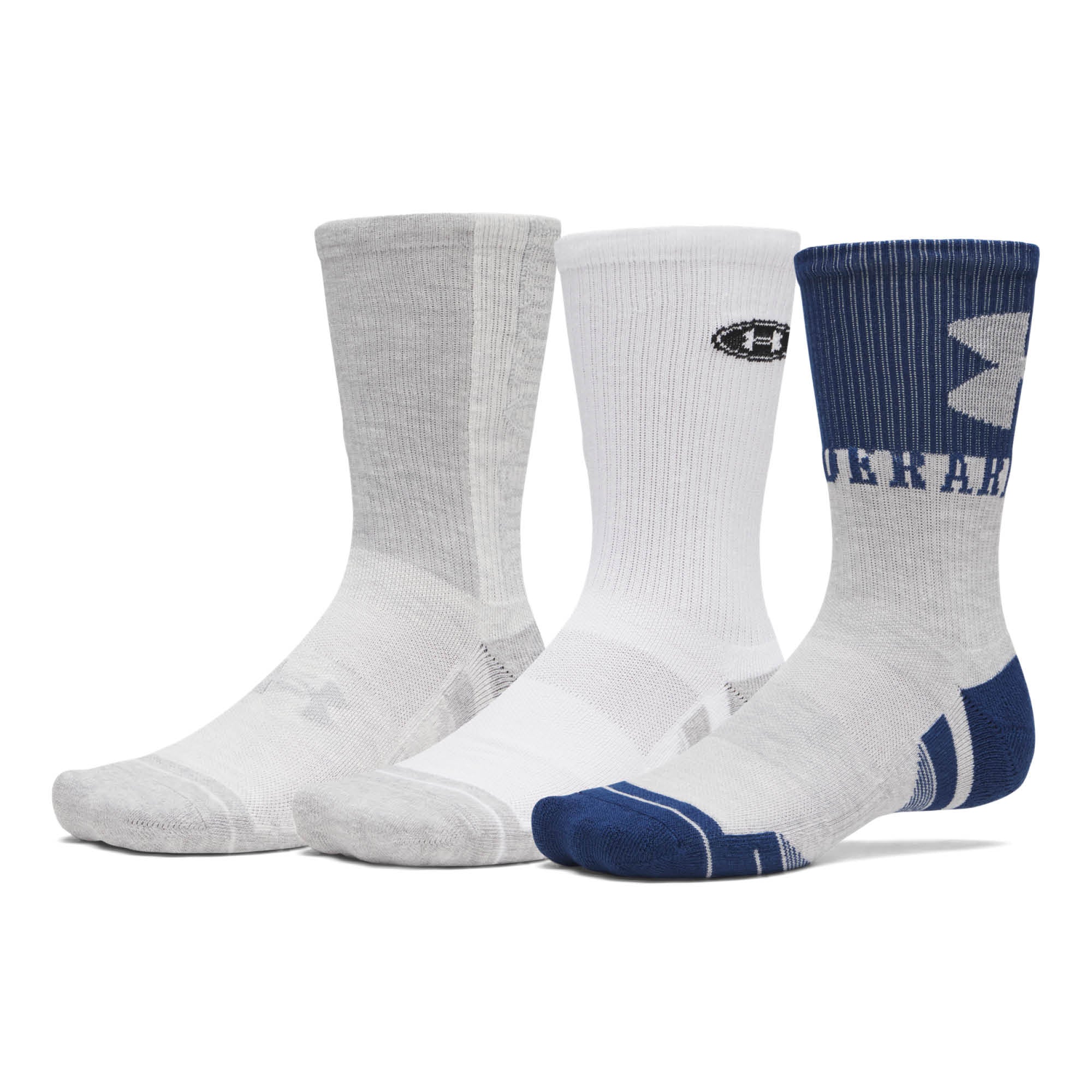 Under Armour Performance Tech Crew Golf Socks 3-Pack AW26 - Blackout Navy, White & Halo Grey - Size 7.5-12