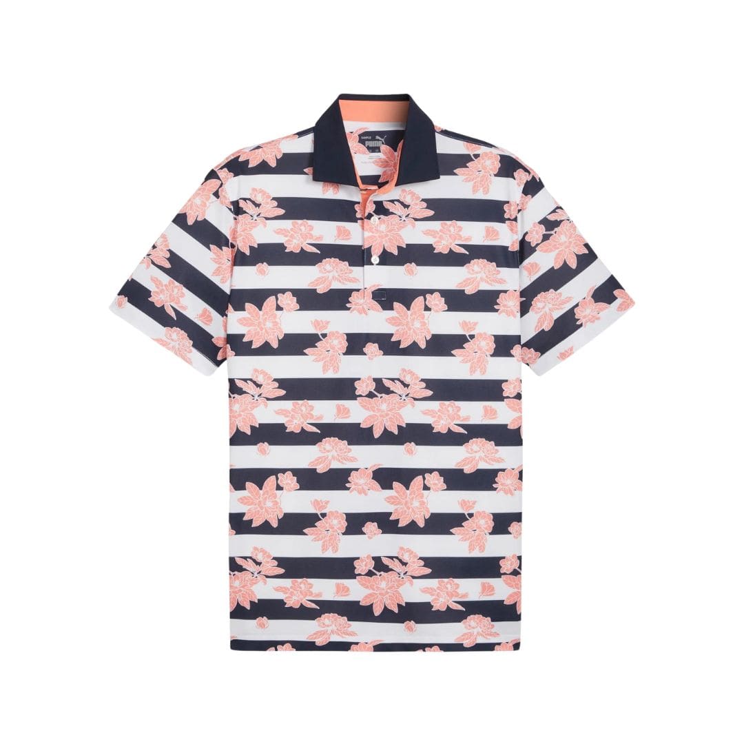 Puma Pique Garden Golf Polo Shirt (Deep Navy & Melon Punch)