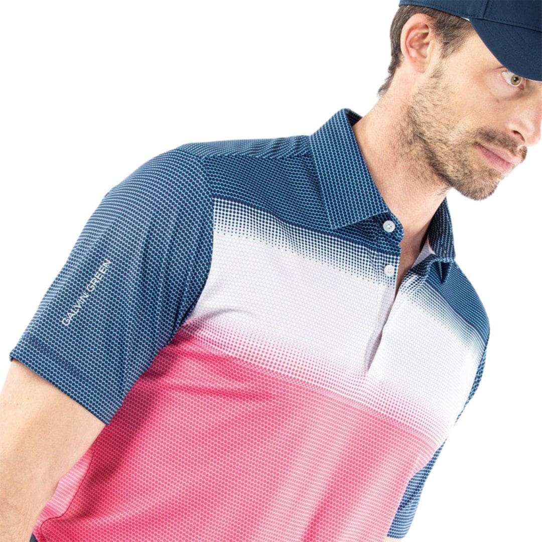 Galvin Green Micra Golf Polo Shirt (Camelia Rose, White & Navy)