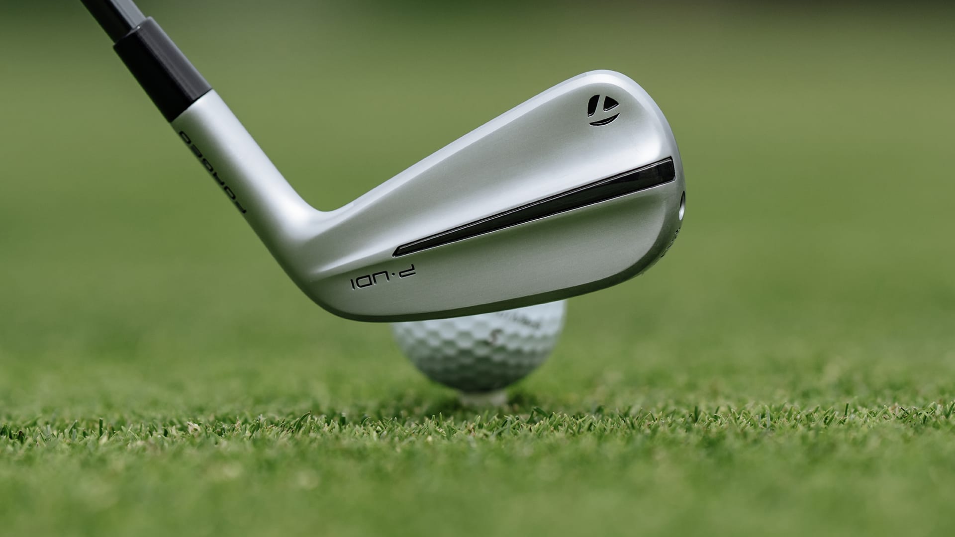 Golf club and ball on a green grass surface