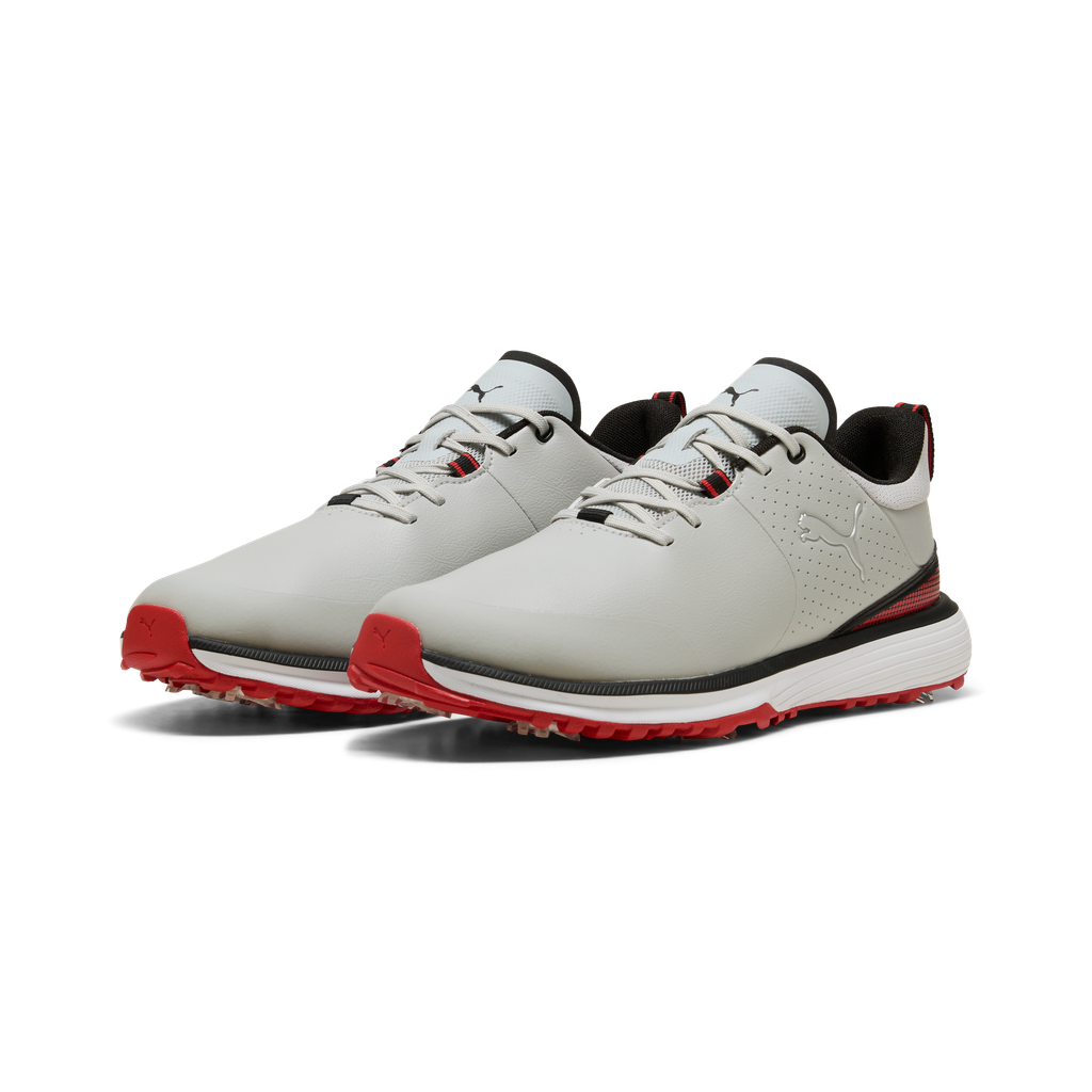 Puma Fusion Grip ST Spiked Golf Shoes - Ash Gray, Black & Candy Apple
