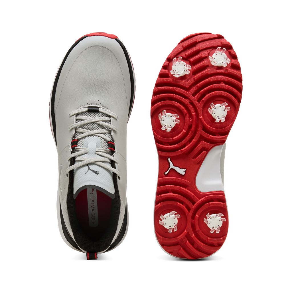 Puma Fusion Grip ST Spiked Golf Shoes - Ash Gray, Black & Candy Apple