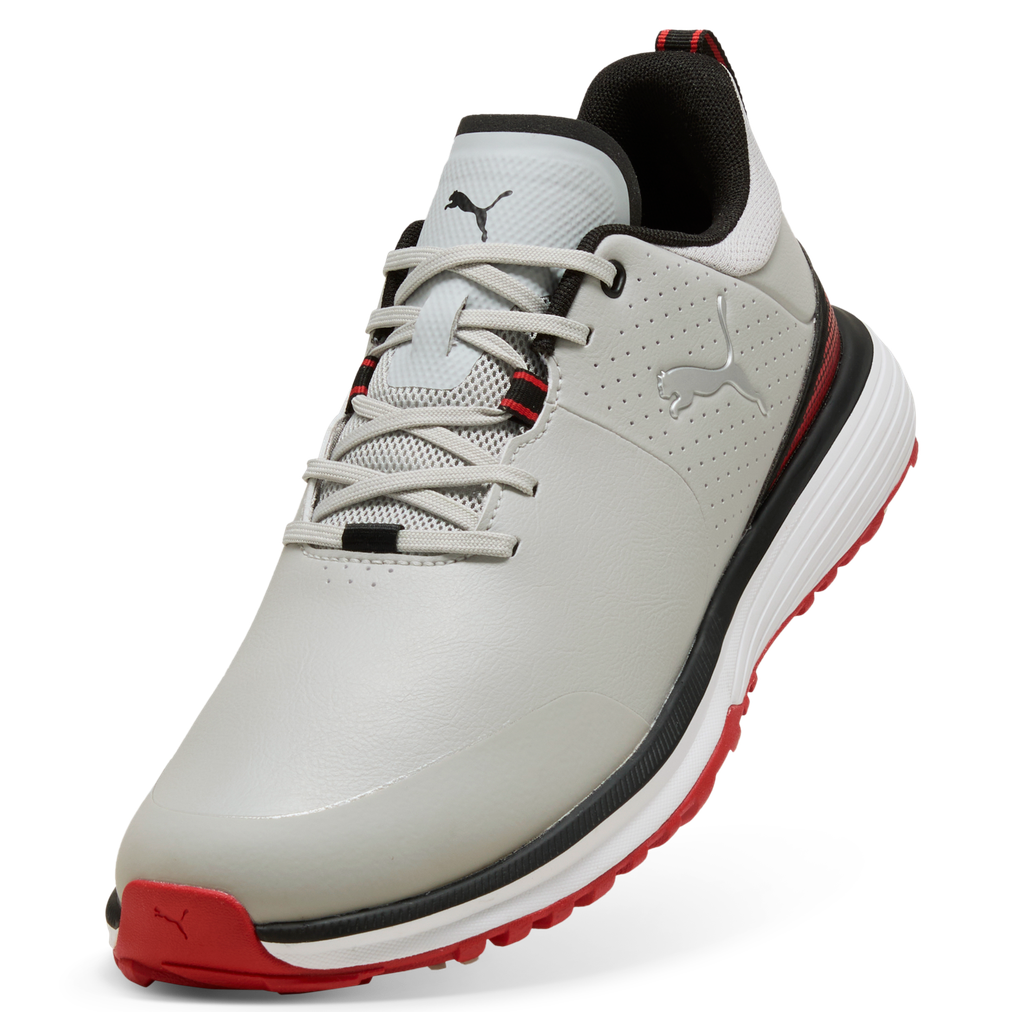 Puma Fusion Grip ST Spiked Golf Shoes - Ash Gray, Black & Candy Apple