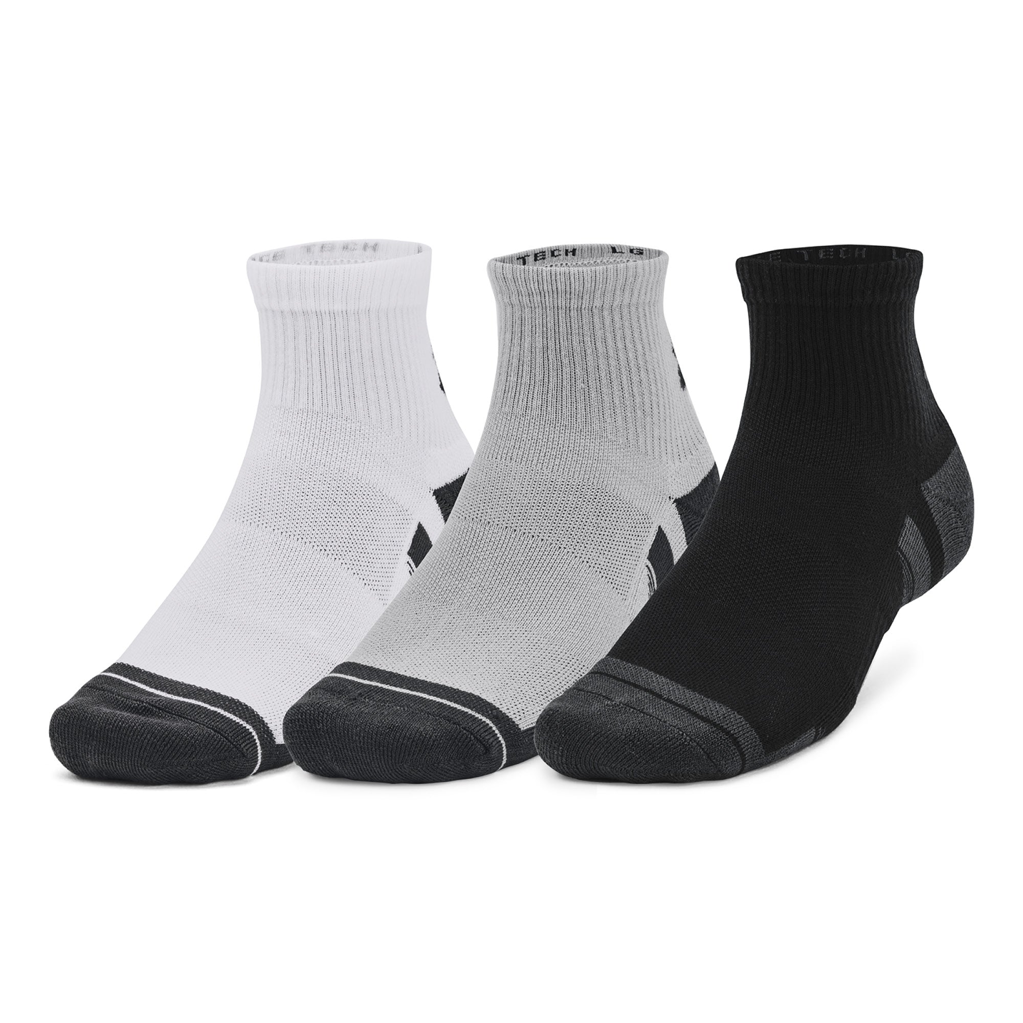 Under Armour Performance Tech Quarter Socks 3-Pack - Grey, White & Black - Size 7.5-12