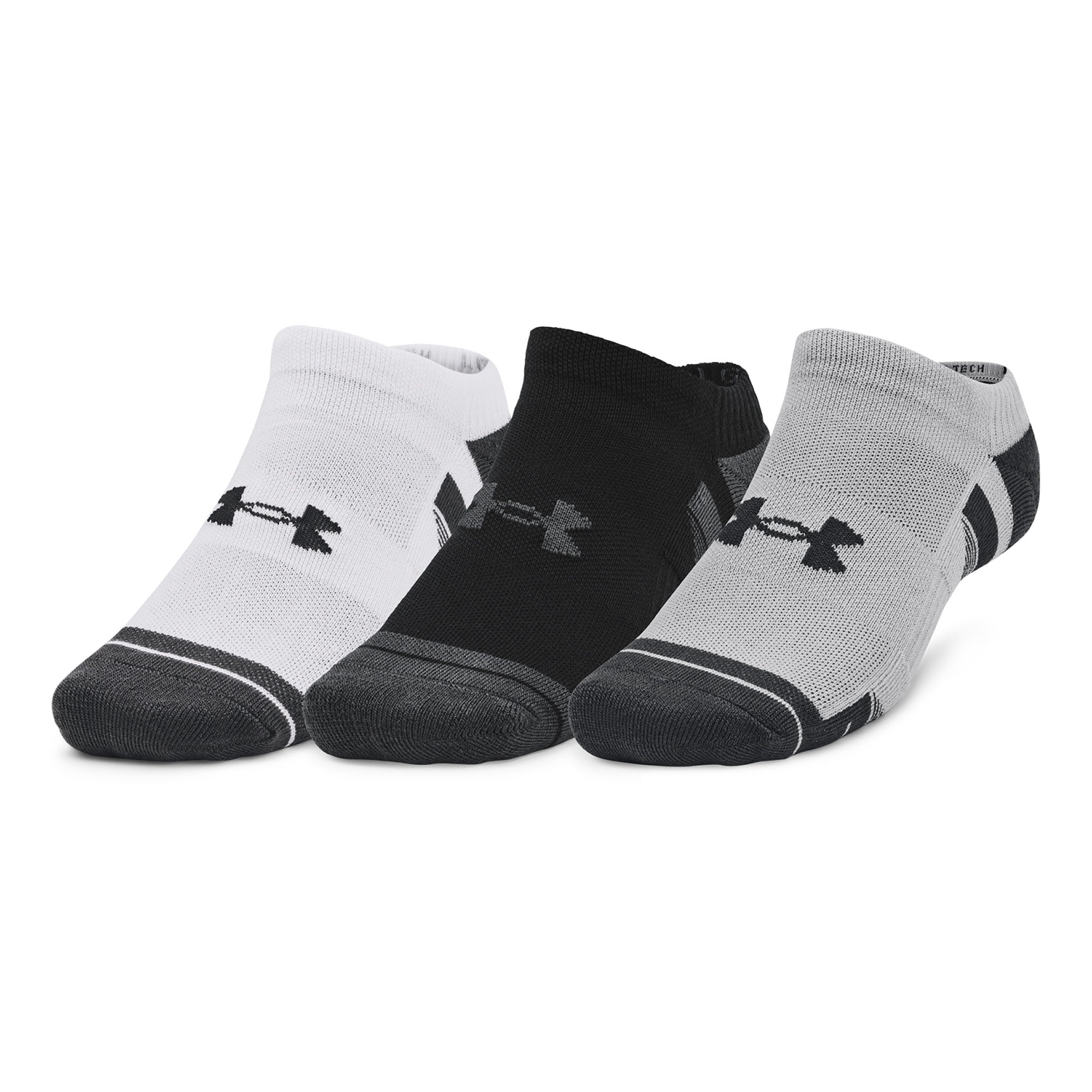 Under Armour Performance Tech No Show Socks 3-Pack - Grey, White & Black - Size 7.5-12